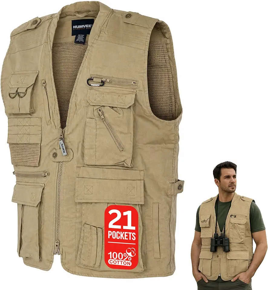 Humvee Utility Vest with 21 Pockets -Travel, Safari, Hunting, Camping, 100% Cotton, Tactical Jacket for Men & Women