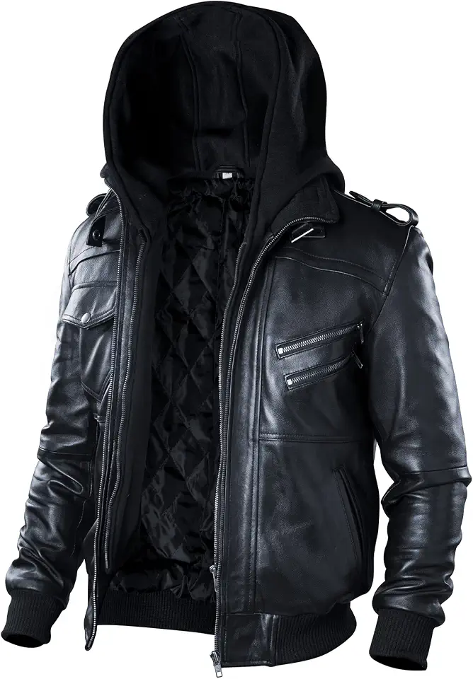 TLC’s Mens Leather Bomber Jacket | Durable Lambskin Leather Bomber Jacket Men with Removable Hood