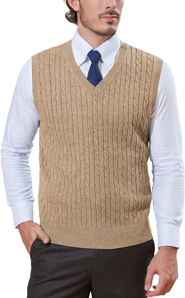Global Recycled Standard Kallspin Mens Sweater Vest Wool Blended V Neck Cable Knit Pullovers