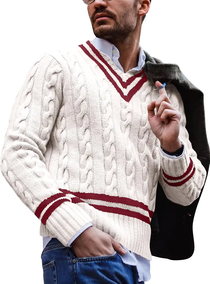 Makkrom Mens V Neck Pullover Sweaters Casual Ribbed Knitted Sweater