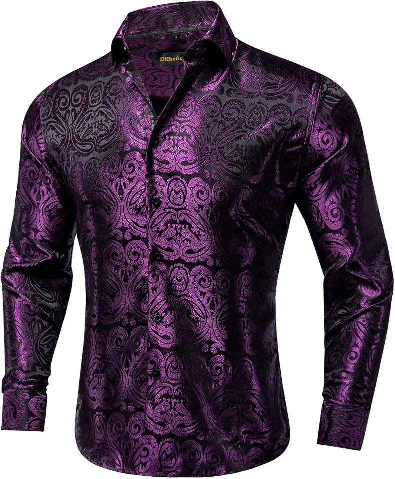 DiBanGu Mens Silk Paisley Dress Shirts,Long Sleeve Button Down Shirt Casual Regular Fit Shirt for Men Wedding Party