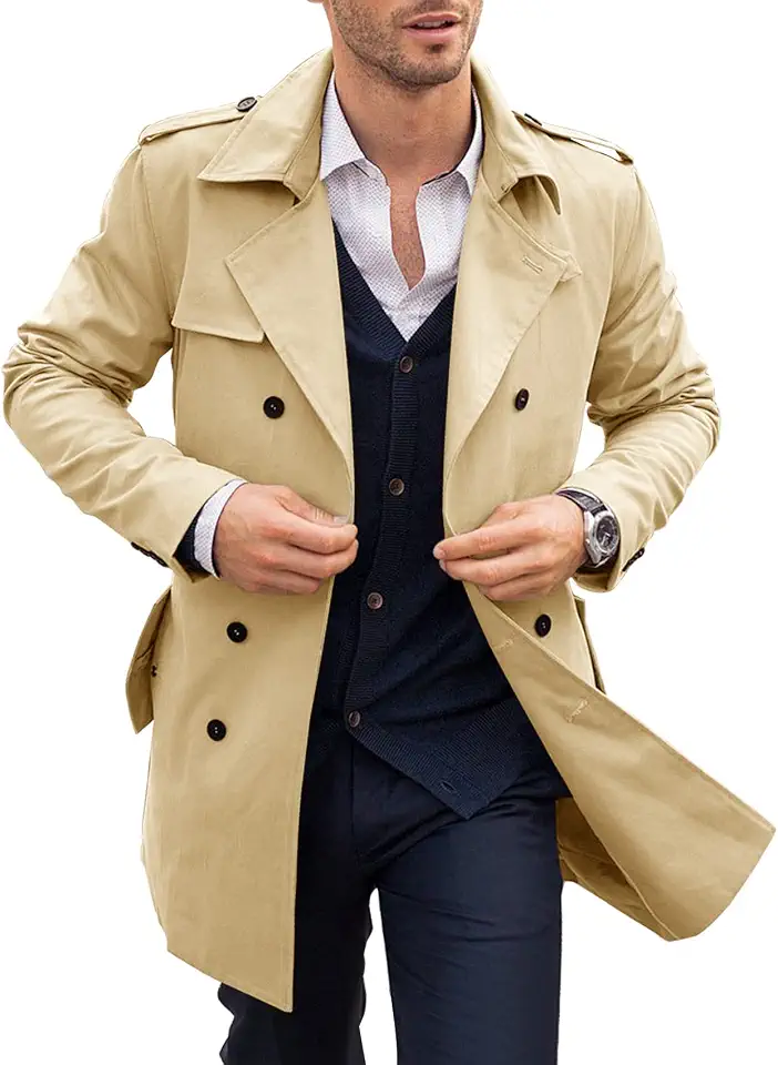 PASLTER Mens Trench Coat Double Breasted Windbreaker Overcoat