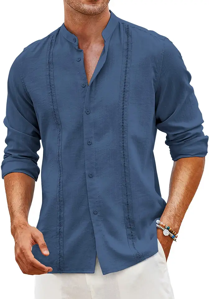 Global Recycled Standard COOFANDY Men's Cuban Guayabera Shirt Casual Long Sleeve Button Down Shirts Band Collar Linen Summer Beach Shirt