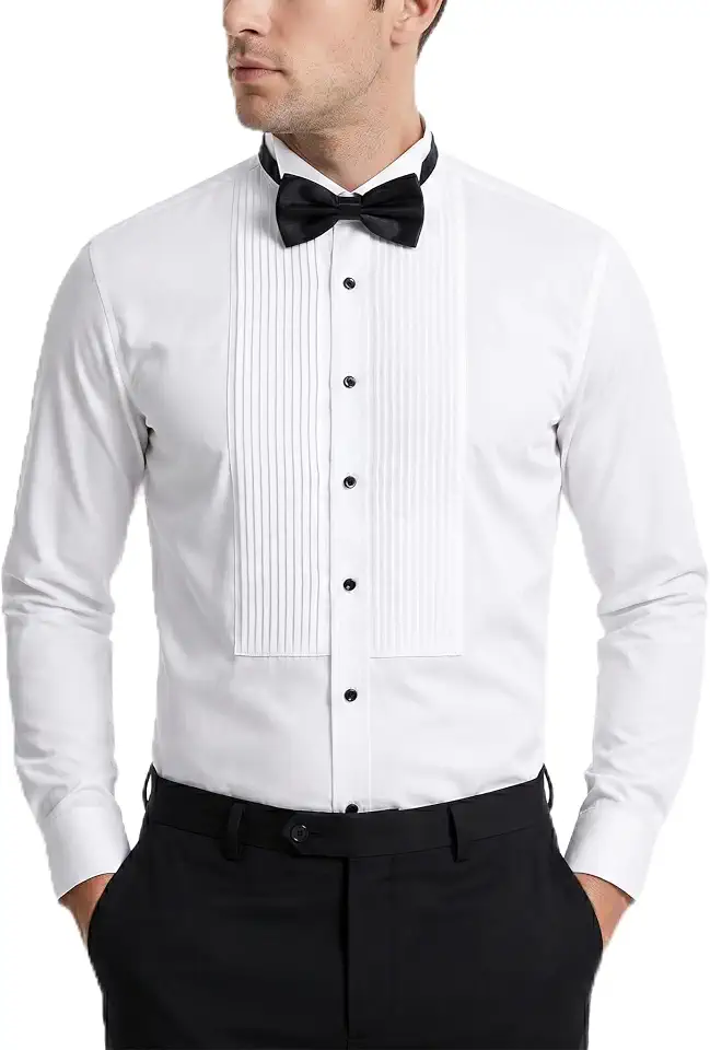 FAHIZO Men's White Tuxedo Shirt with Wing Collar, French Cuffs & Accessories