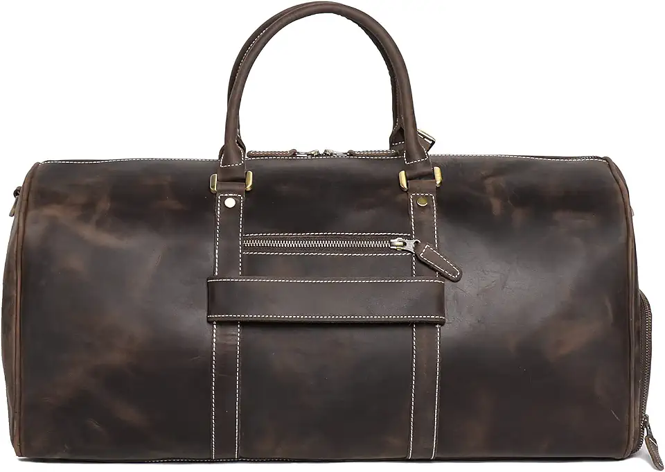 Mens Leather Duffel Bags YKK Zipper Sport Vintage Leather Travel Gym Bag Weekender Overnight Classic Gift Genuine Gym Overnight Carry On Bag (Dark Brown, 22 Inch)