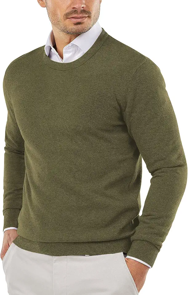 COOFANDY Men Crew Neck Sweater Ribbed Knit Slim Fit Long Sleeve Pullover Top for Casual Dressy Army Green