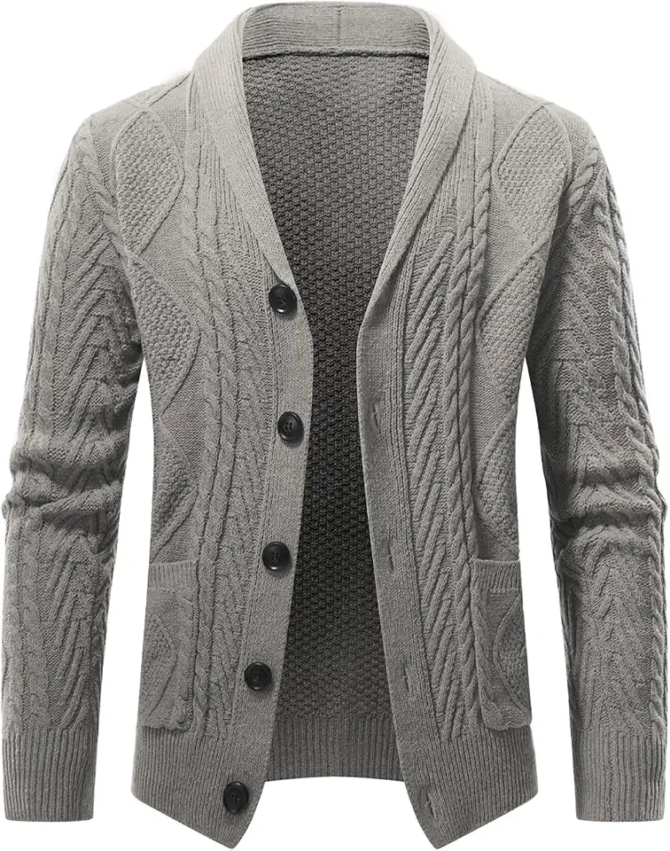 Global Recycled Standard JMIERR Mens Shawl Collar Cable Knit Cardigan Sweater