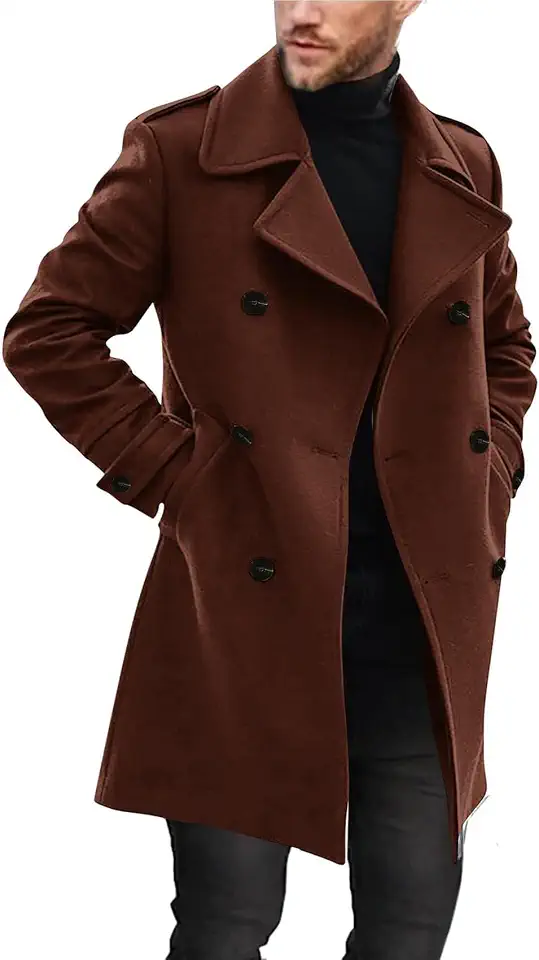 Ryannology Mens Trench Coat Double Breasted Long Winter Pea Coats Jacket