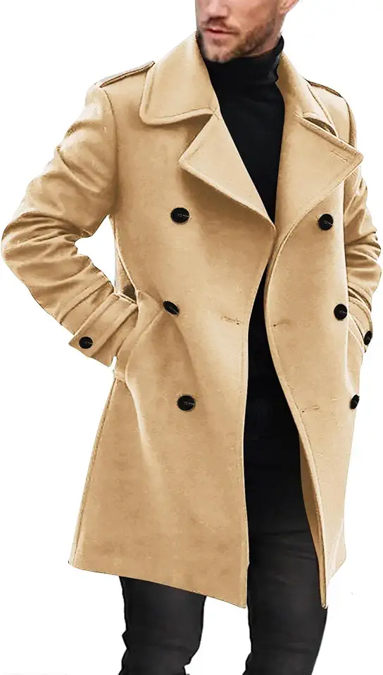 Ryannology Mens Trench Coat Double Breasted Long Winter Pea Coats Jacket