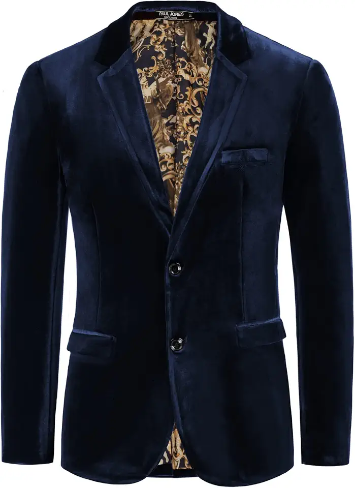PJ PAUL JONES Mens Velvet Blazer Jacket Two Button Sport Coat Solid Suit Jackets for Dinner Prom Wedding