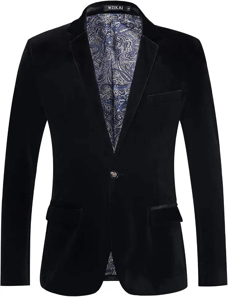 Mens Velvet Blazer One Button Slim Fit Solid Fashion Suit Jacket Sport Coat for Wedding Prom Dinner Party