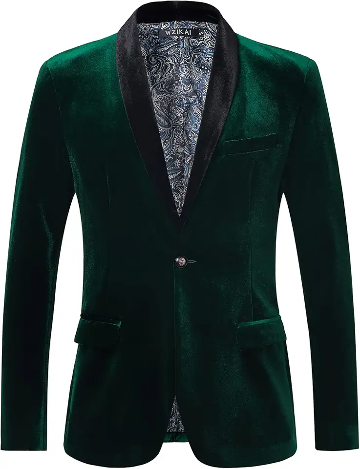 Mens Velvet Blazer Slim Fit One Button Solid Suit Jacket Sport Coat for Wedding Prom Dinner Party