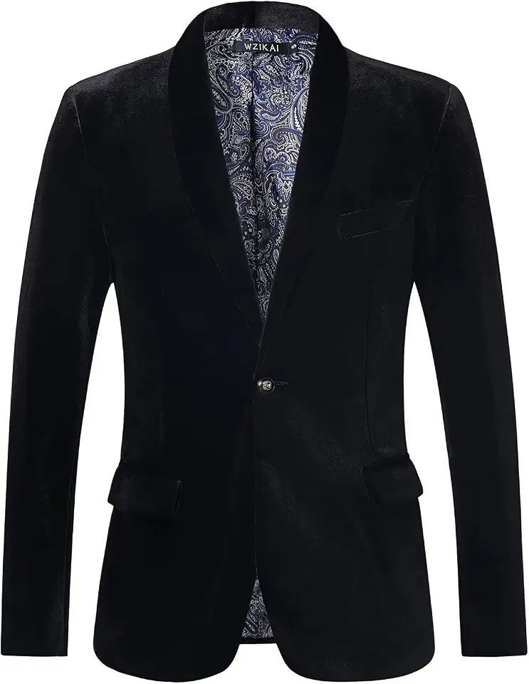 Mens Velvet Blazer Slim Fit One Button Solid Suit Jacket Sport Coat for Wedding Prom Dinner Party