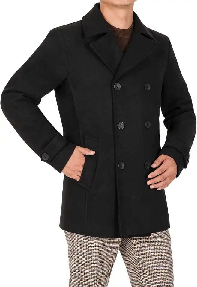 Men's Wool Blend Quilted Lined Double Breasted Pea Coat Winter Warm Classic Notched Collar Overcoat