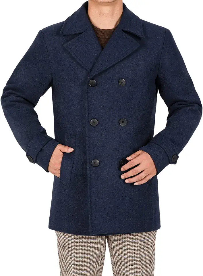 Men's Wool Blend Quilted Lined Double Breasted Pea Coat Winter Warm Classic Notched Collar Overcoat