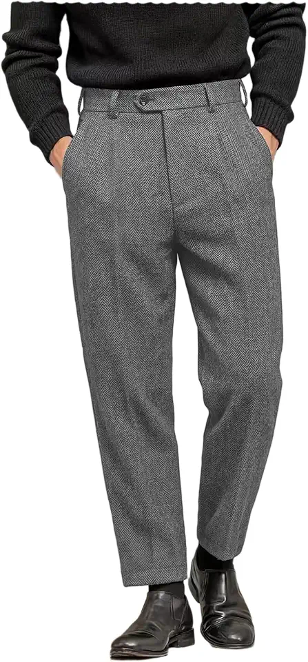 Men's Tweed Pants Herringbone Thick Wool Pleated Front Dress Suit Vintage Trousers
