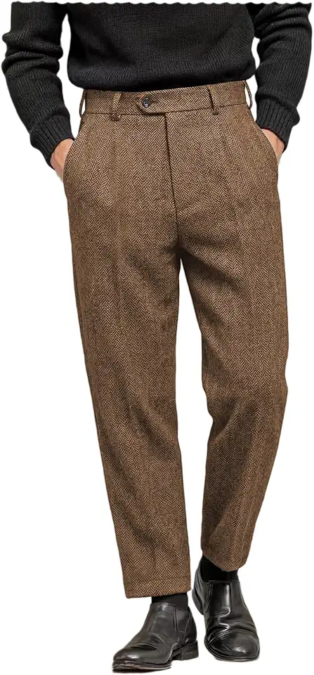 Men's Tweed Pants Herringbone Thick Wool Pleated Front Dress Suit Vintage Trousers