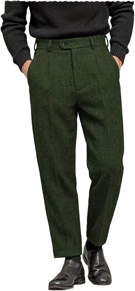 Men's Tweed Pants Herringbone Thick Wool Pleated Front Dress Suit Vintage Trousers