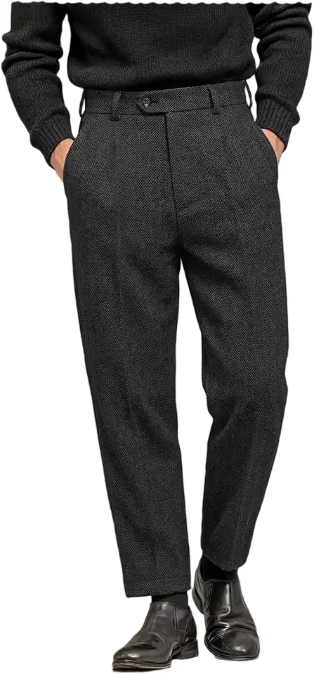 Men's Tweed Pants Herringbone Thick Wool Pleated Front Dress Suit Vintage Trousers