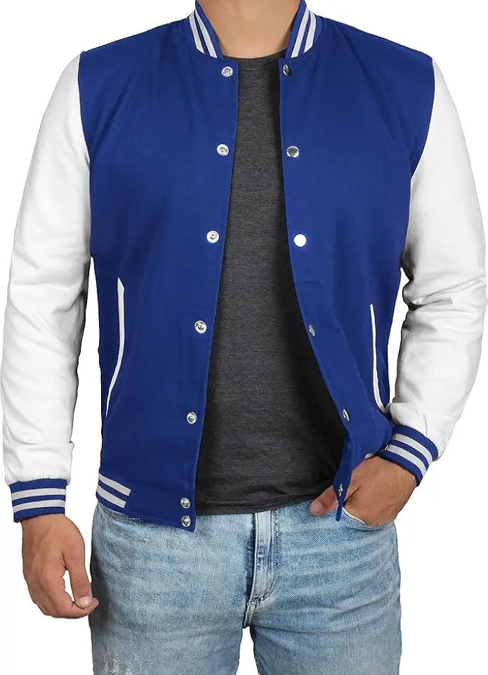 Men's Royal Blue White Leather Sleeve Varsity Jacket