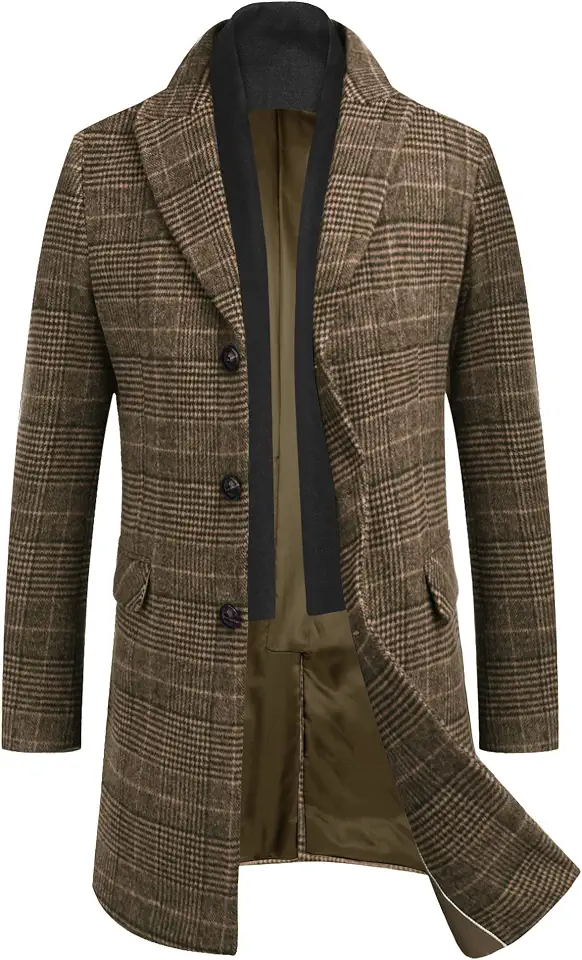 COOFANDY Men's Wool Blend Coat with Detachable Plaid Scarfs Notched Collar Single Breasted Pea Coat Trench Overcoat
