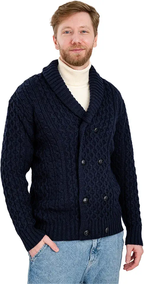 SAOL 100% Merino Wool Double Breasted Shawl Cardigan with Buttons for Men's