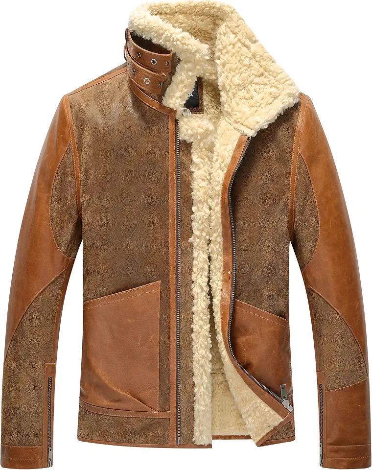 FLAVOR Mens Leather Bomber Jacket Piolt Winter Shearling Jackets