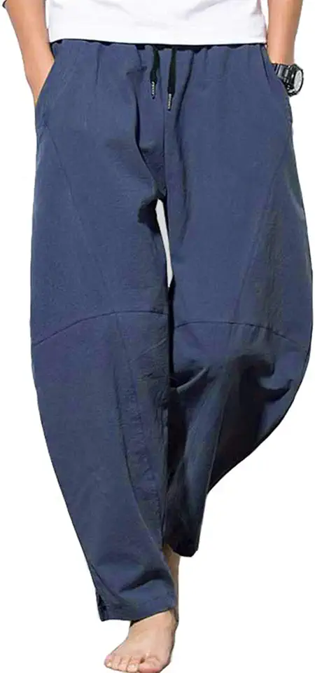 PACEIADTA Men's Cotton Linen Drawstring Pants Elastic Waist Casual Summer Beach Pants