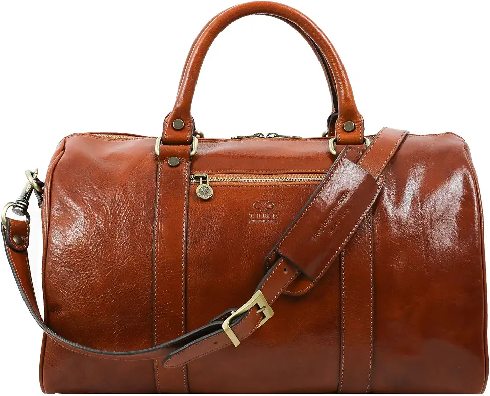 Time Resistance Full Grain Leather Small Duffel Bag - Gym Weekender Overnight Bag (Cognac Brown)