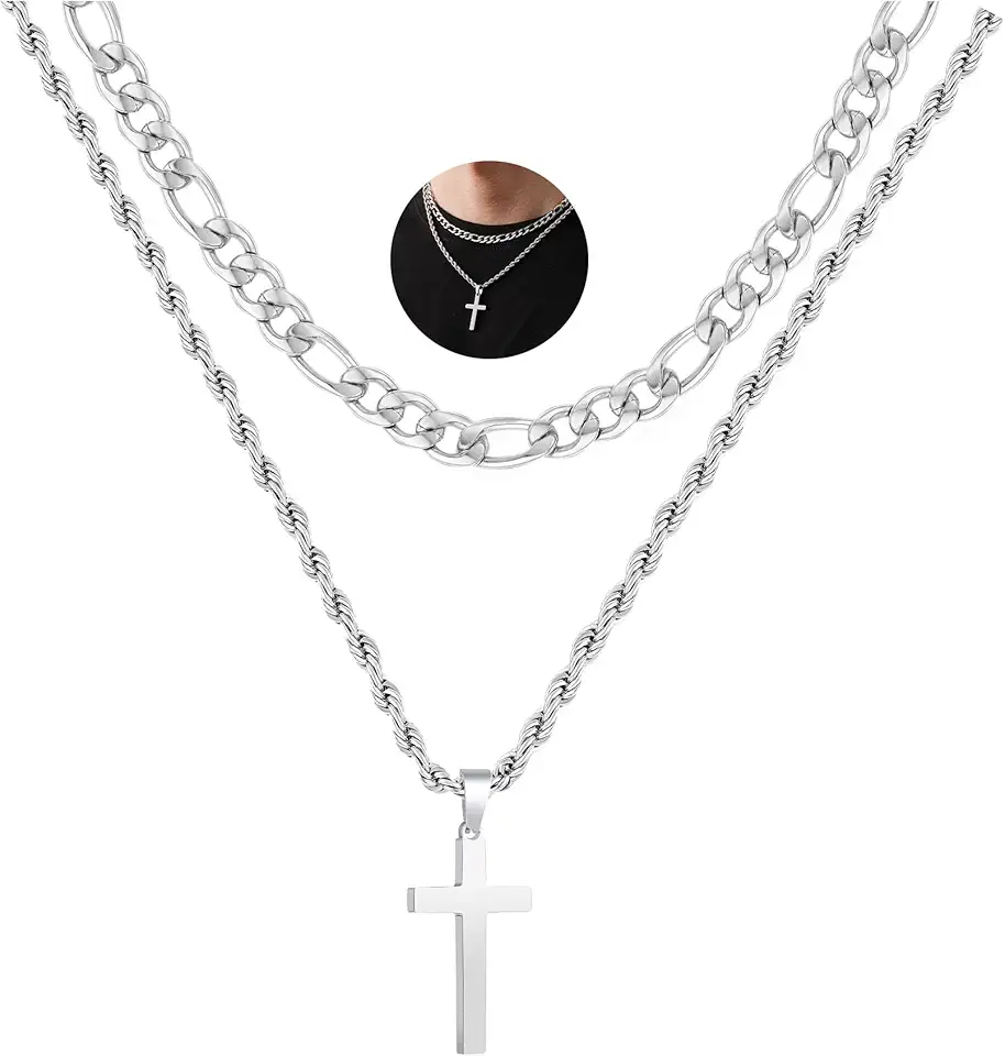 P. BLAKE Cross Necklace for Men Boys, Layered Stainless Steel Cross Pendant Figaro Link Rope Chain 16-24 Inch Christian Religious Jewelry Gifts