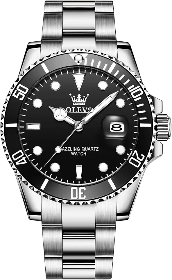 OLEVS Men's Stainless Steel Watches, Large Face Casual Three Hands Analog Quartz Watch, Easy to Read Rotating Bezel Date Waterproof Luminous Dress Watches for Men