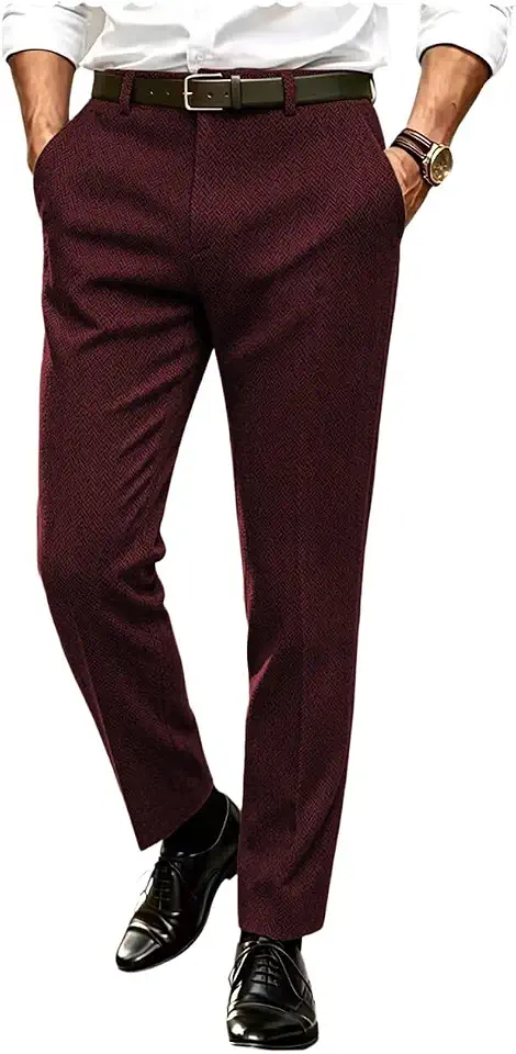 Ceehuteey Men's Retro Dress Suit Pants Thick Wool Flat Front Herringbone Tweed Trousers
