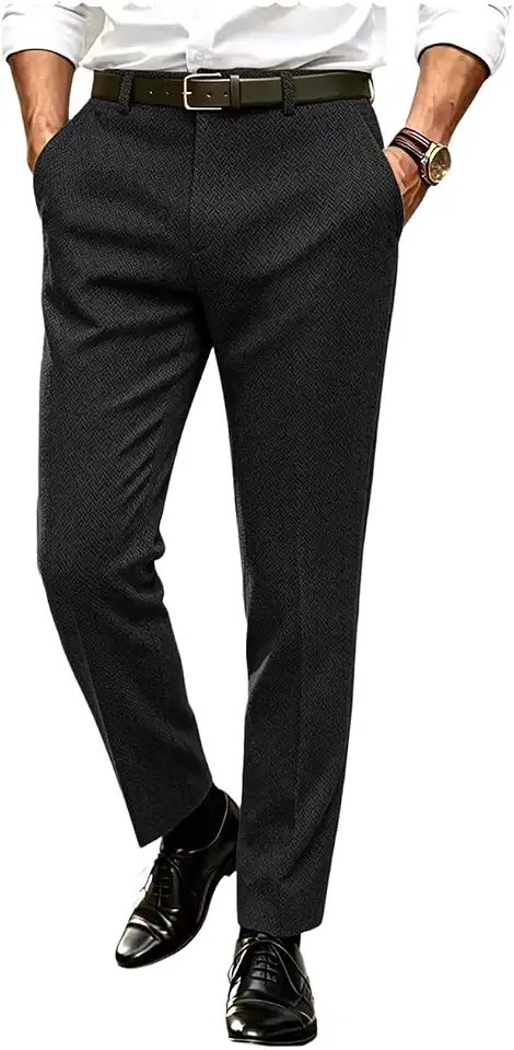 Ceehuteey Men's Retro Dress Suit Pants Thick Wool Flat Front Herringbone Tweed Trousers