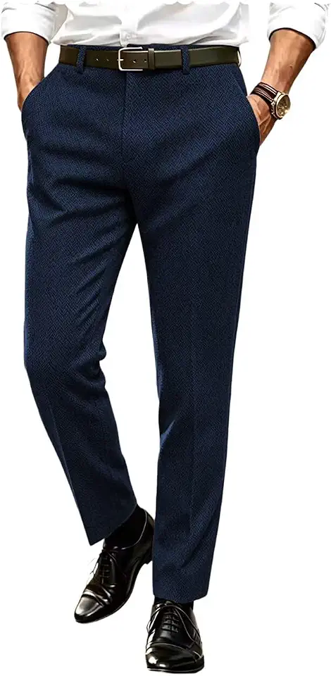 Ceehuteey Men's Retro Dress Suit Pants Thick Wool Flat Front Herringbone Tweed Trousers