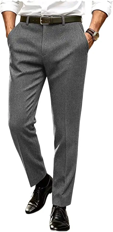 Ceehuteey Men's Retro Dress Suit Pants Thick Wool Flat Front Herringbone Tweed Trousers