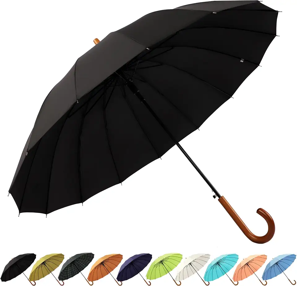 SoulRain 16 Ribs 48" Stick Umbrella Auto Open Solid Color Fashionable and Simple,Arc Classic Wood Handle,Windproof Unbreakable Stick Rain Umbrella