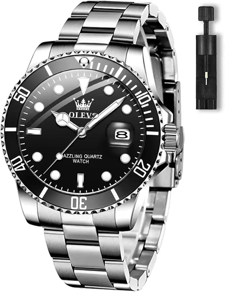 OLEVS Men's Watches with Date, Premium Gold and Silver Stainless Steel Analog Watches for Men, Classic Rotatable Bezel Men's Cuff Watches, Blue/Green/Black Dial