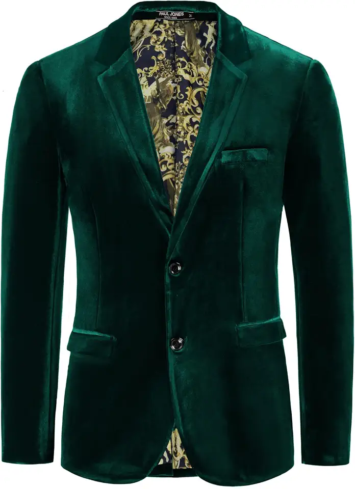 PJ PAUL JONES Mens Velvet Blazer Jacket Two Button Sport Coat Solid Suit Jackets for Dinner Prom Wedding