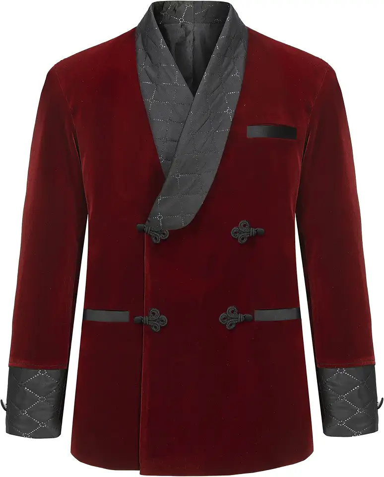 Men's Short Velvet Smoking Jacket Double Breasted Blazer with Quilted Shawl Collar for Wedding Party Dating