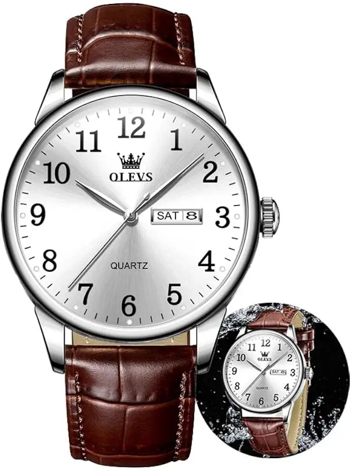 OLEVS Men Watches Dress Waterproof Leather Band Classic Large Face Luxury Watches for Men Casual Fashioned Nice Analog Watch Men Day Date Easy Reader Quartz Original Business Adjustable Watches Men
