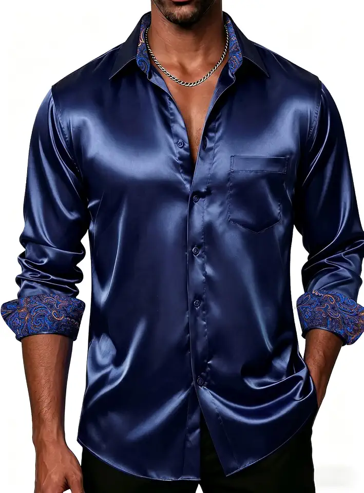 DiBanGu Mens Satin Dress Shirt Shiny Long Sleeve Button Down Casual Shirts