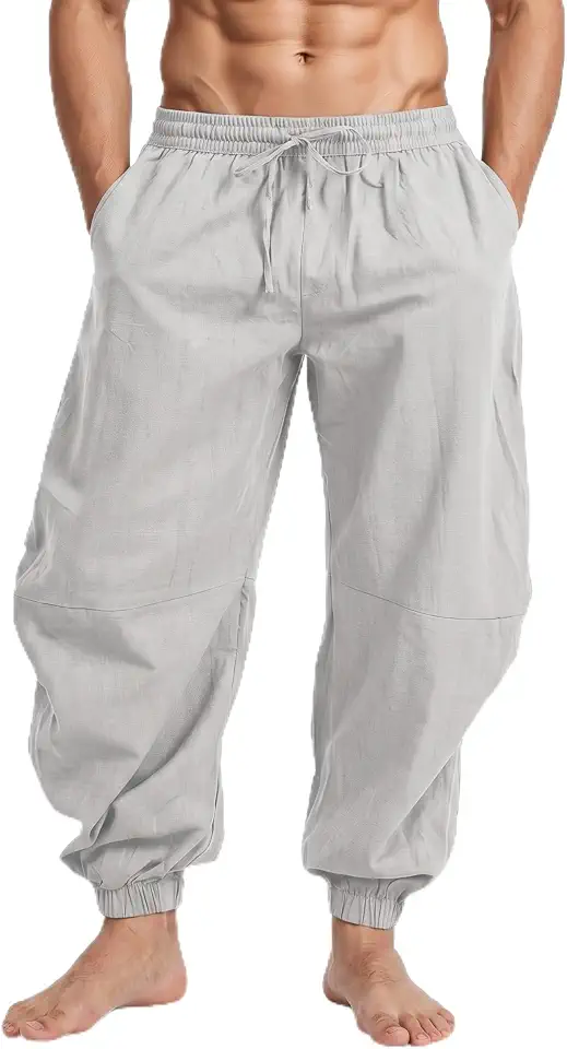 perdontoo Mens Casual Cotton Linen Pant Elastic Waist Drawstring Yoga Jogger Pants