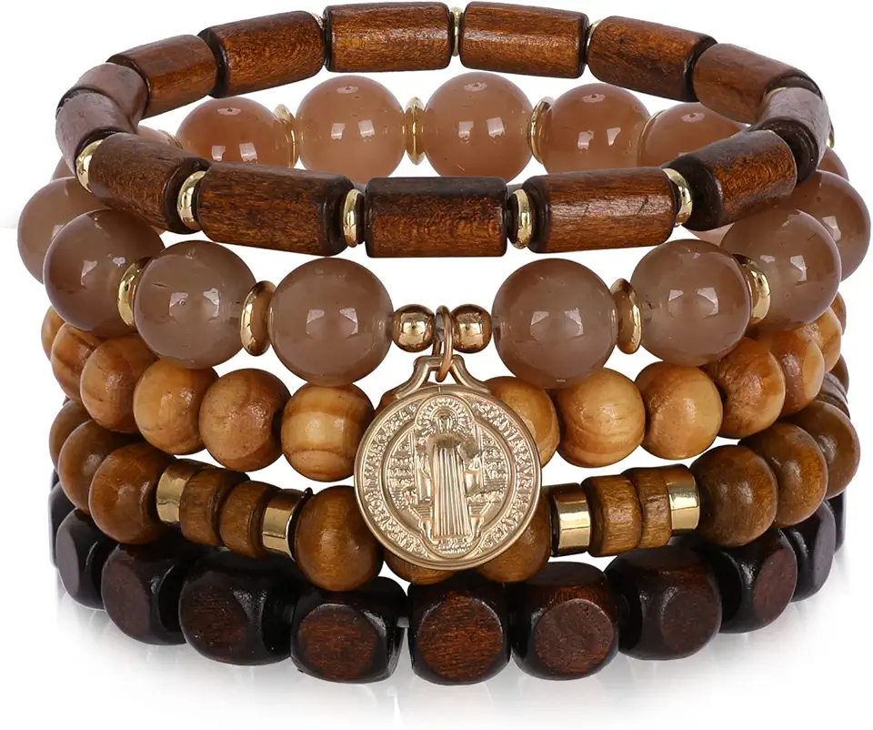 Bohemian Natural Stone Beaded Bracelets for Women Men Stackable Stretch Beads Bracelet Set with Charm and Tassel Multilayered Elastic Gemstone Bracelets Summer Beach Boho Jewelry Gift for Women