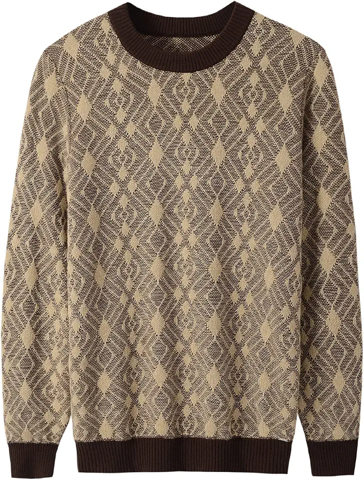 ZHILI Men's Retro Argyle Sweater Loose Crewneck Pullover Long Sleeve