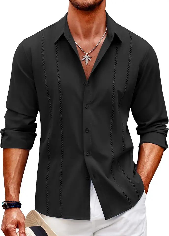 Global Recycled Standard COOFANDY Mens Cuban Guayabera Shirt Casual Button Down Shirts Long Sleeve Summer Beach Shirts