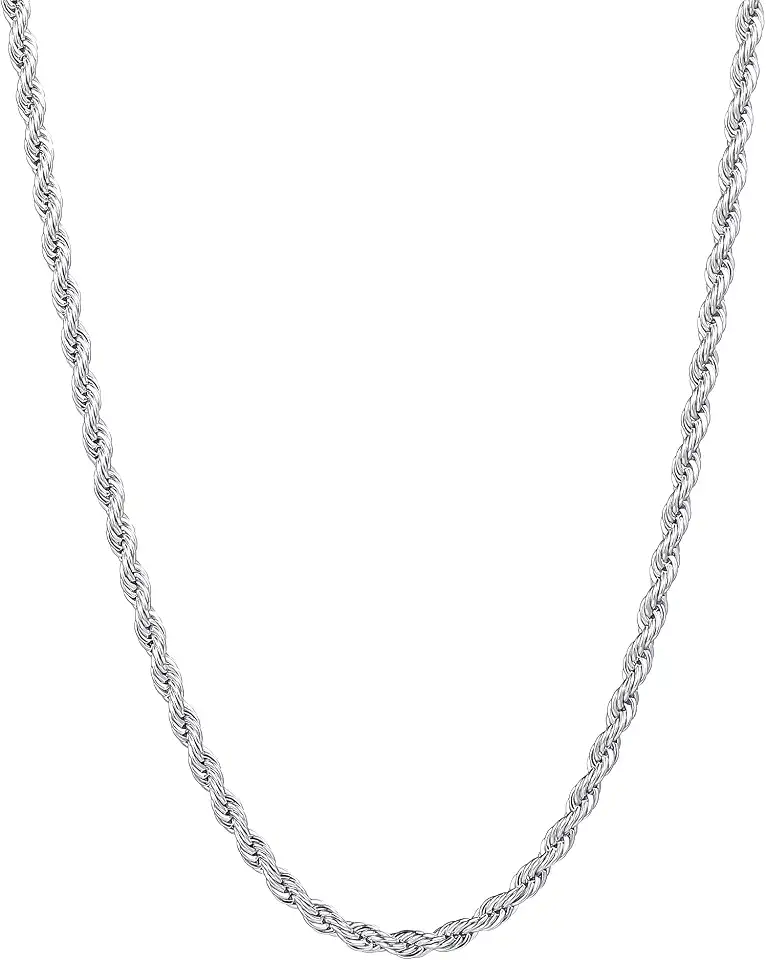 Fiusem 3mm Rope Chain Necklace for Men, Silver Tone Mens Chain Necklace, Stainless Steel Necklace Chain for Men Women, Jewelry Gift