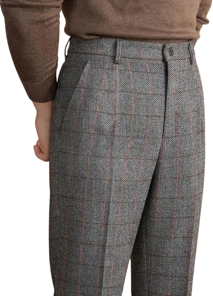 Men's Dress Pants Tweed Plaid Classic Fit Siut Separates Slim Stylish Wool Casual Business Suit Pants