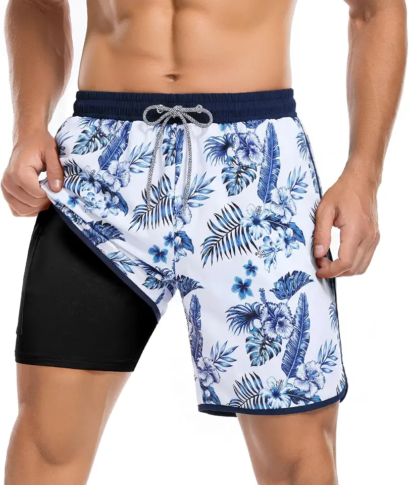 American Trends Mens Swimming Trunks with Compression Liner 7 Inch Quick Dry Board Shorts