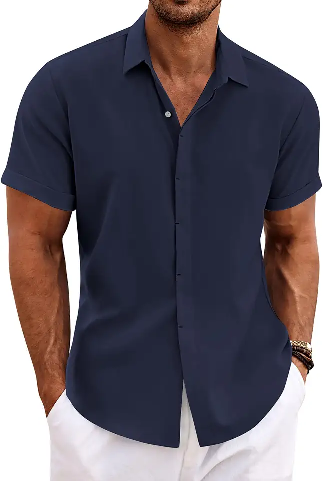 Global Recycled Standard COOFANDY Men's Linen Shirts Short Sleeve Casual Shirts Button Down Shirt for Men Beach Summer Wedding Shirt