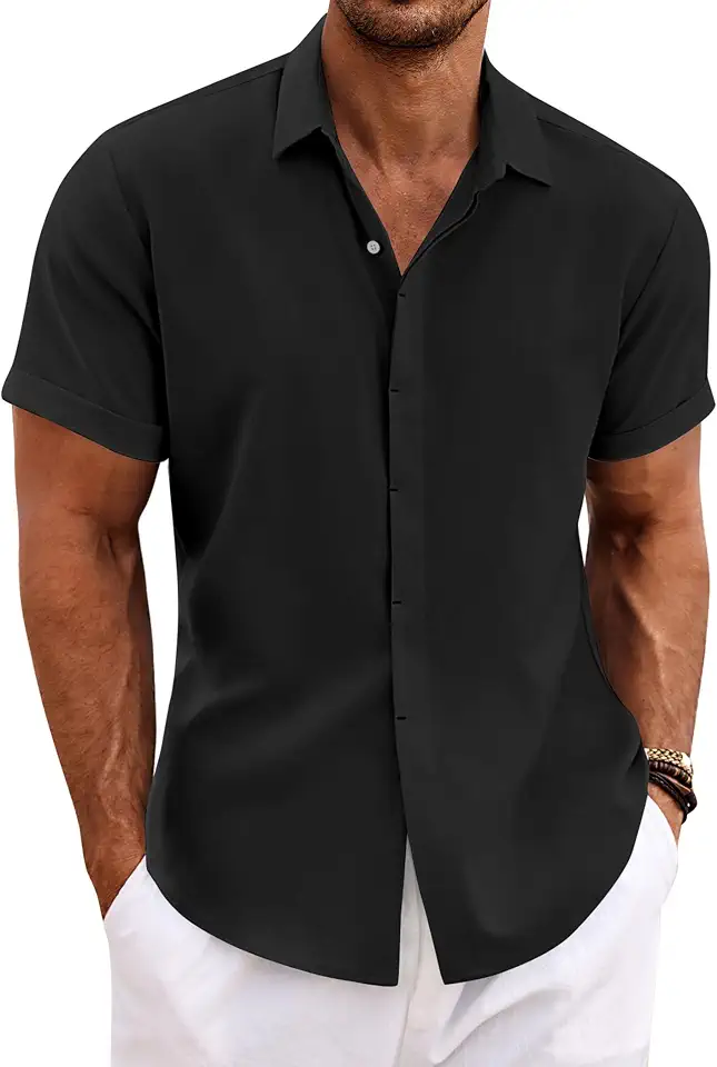 Global Recycled Standard COOFANDY Men's Linen Shirts Short Sleeve Casual Shirts Button Down Shirt for Men Beach Summer Wedding Shirt